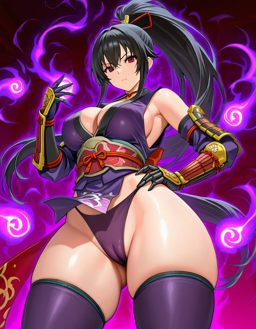 female_yagyu_onimusha 1girl cherry_pink_vest japanese_clothes black_hair (((ponytail))) bare_thigh, ,gauntlet, thighhighs,, upper_body_dark_purple_inner, thick_thighs, red_eyes , panties cameltoe purple_aura dark_skin, hentai_studio_quality