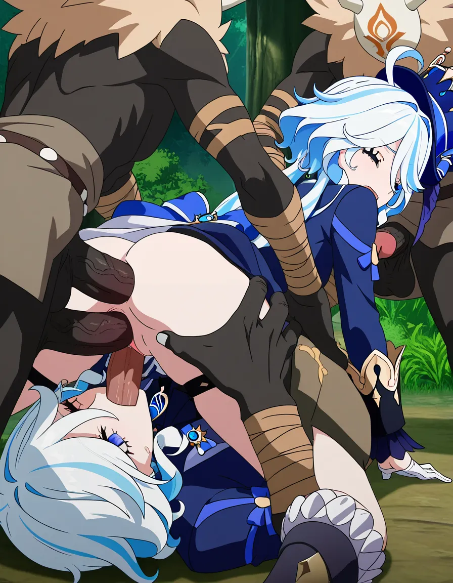 Furina, genshin impact, gangbang, hilichurl, multiple penises, double penetration, large penises, ecstasy, clothed_sex, (anime style:1.3), 2d, anime screencap, cel shading, flat color