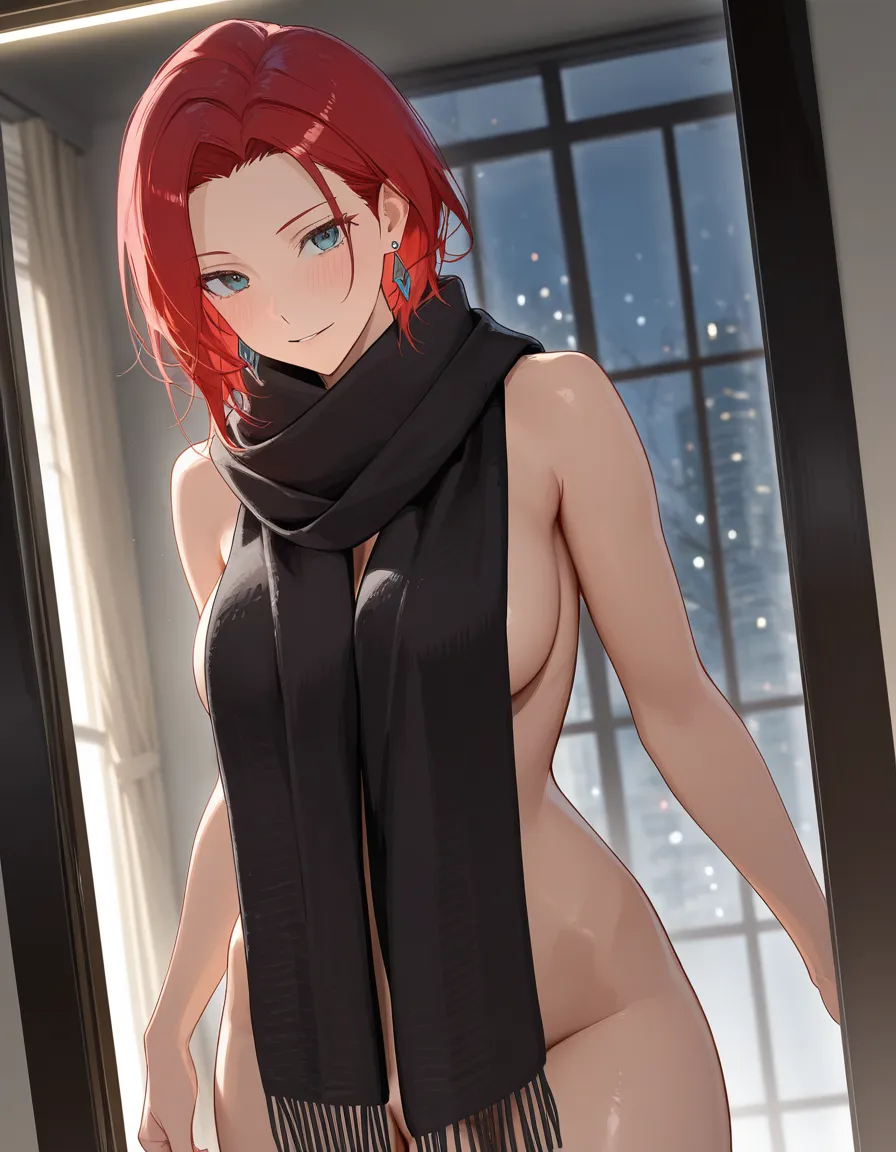 professional photo, high detail, redhead woman, scarf, earrings, futanari, depth of field, window light, 8k uhd photo naked, hentai_studio_quality
