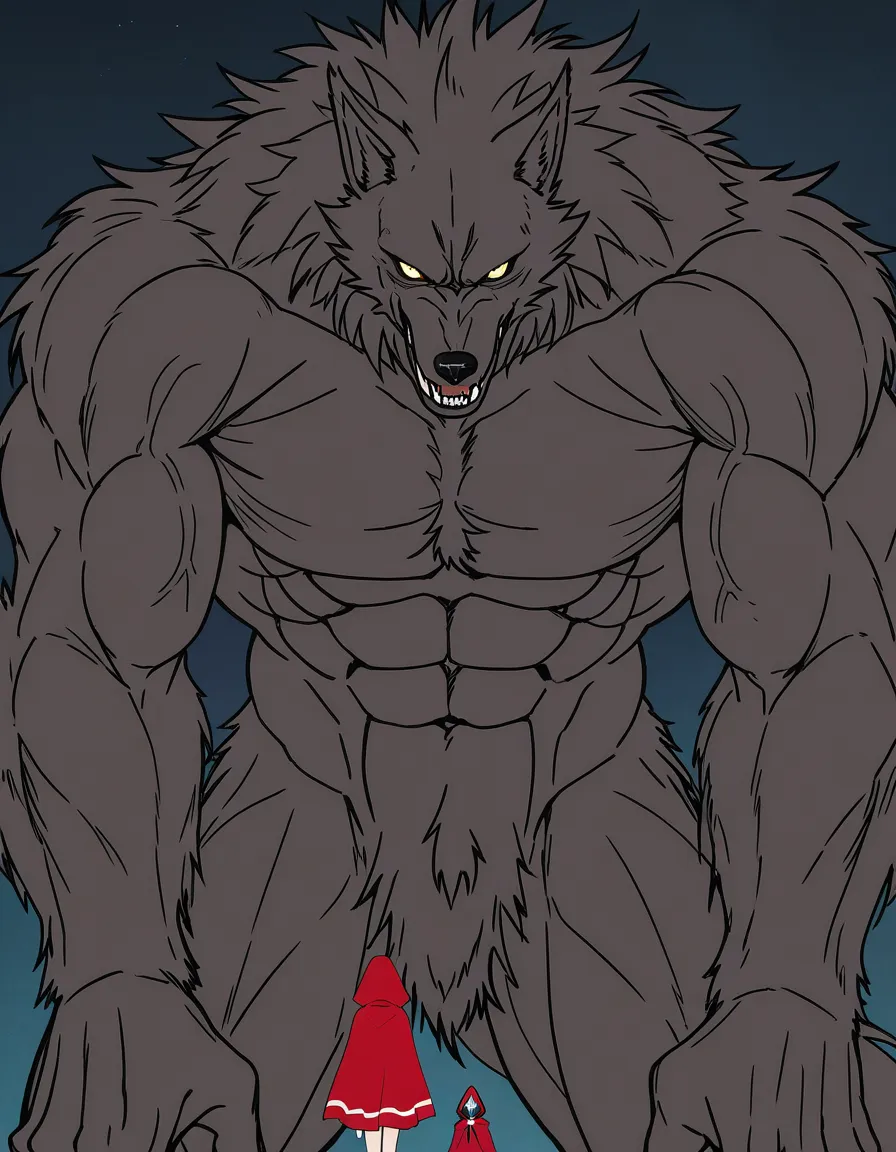 huge muscular werewolf fucks grown-up little red riding hood with huge tits, (anime style:1.3), 2d, anime screencap, cel shading, flat color, @00osamio00