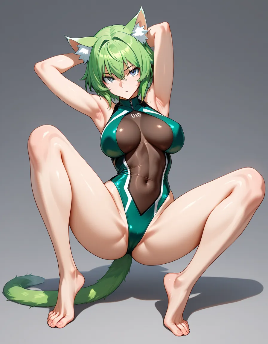 ultra detailed shading, catgirl, spread legs, armpits, green hair, grey background, doujin style, hentai_studio_quality