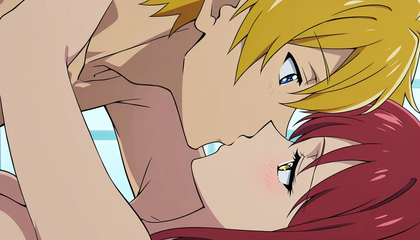 Anime, 1girl, yellow hair, blue eye, 1boy, red hair, yellow eye, mating press, kiss