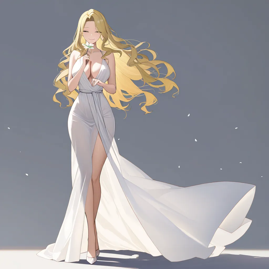 masterpiece, best quality, ultra-detailed, 8k uhd, anime style, 1girl, mature female, milf, beautiful detailed face, seductive smile, half-closed eyes, long blonde hair, wavy hair, hair flowing in wind, standing, full body, white dress, greek goddess dress, flowing white gown, toga, see-through silhouette, holding flower, white lily, lily stems in both hands, elegant pose, marble pergola, ancient greek architecture, white columns, winding branches, lily leaves, garden background, soft lighting, cinematic composition, depth of field, detailed background, ethereal atmosphere, hentai_studio_quality