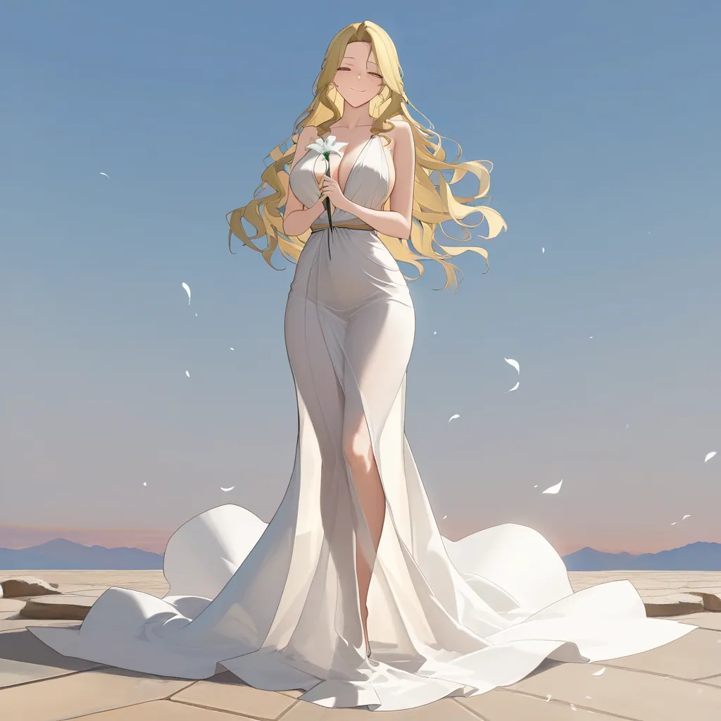 masterpiece, best quality, ultra-detailed, 8k uhd, anime style, 1girl, mature female, milf, beautiful detailed face, seductive smile, half-closed eyes, long blonde hair, wavy hair, hair flowing in wind, standing, full body, white dress, greek goddess dress, flowing white gown, toga, see-through silhouette, holding flower, white lily, lily stems in both hands, elegant pose, marble pergola, ancient greek architecture, white columns, winding branches, lily leaves, garden background, soft lighting, cinematic composition, depth of field, detailed background, ethereal atmosphere EKERIMILTERYLIGEDULLYGATHALLERESSITILLANDULLESSNEETTEEDSTANTACEA, hentai_studio_quality