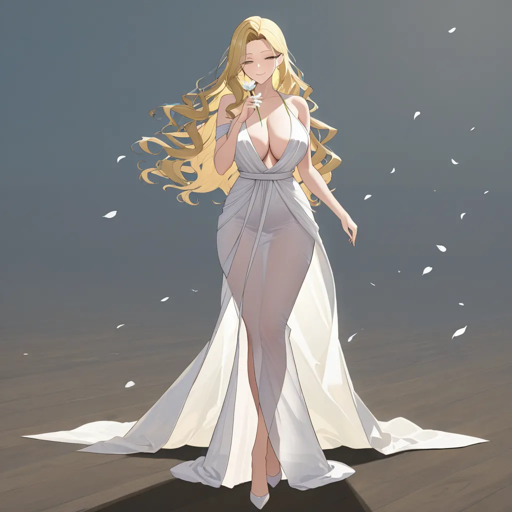 masterpiece, best quality, ultra-detailed, 8k uhd, anime style, 1girl, mature female, milf, beautiful detailed face, seductive smile, half-closed eyes, long blonde hair, wavy hair, hair flowing in wind, standing, full body, white dress, greek goddess dress, flowing white gown, toga, see-through silhouette, holding flower, white lily, lily stems in both hands, elegant pose, marble pergola, ancient greek architecture, white columns, winding branches, lily leaves, garden background, soft lighting, cinematic composition, depth of field, detailed background, ethereal atmosphere GLERSIENDROGINGSHANTICAPPERGEREELAMBEWANGEDEVELYCALITATONSINGICA, hentai_studio_quality