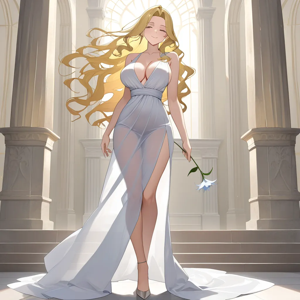 masterpiece, best quality, ultra-detailed, 8k uhd, anime style, 1girl, mature female, milf, beautiful detailed face, seductive smile, half-closed eyes, long blonde hair, wavy hair, hair flowing in wind, standing, full body, white dress, greek goddess dress, flowing white gown, toga, see-through silhouette, holding flower, white lily, lily stems in both hands, elegant pose, marble pergola, ancient greek architecture, white columns, winding branches, lily leaves, garden background, soft lighting, cinematic composition, depth of field, detailed background, ethereal atmosphere ONLINGLANSAWARMICROTINEREASTALAHALLYZIKERBANTERCIFILDSIVERMISMAN, hentai_studio_quality