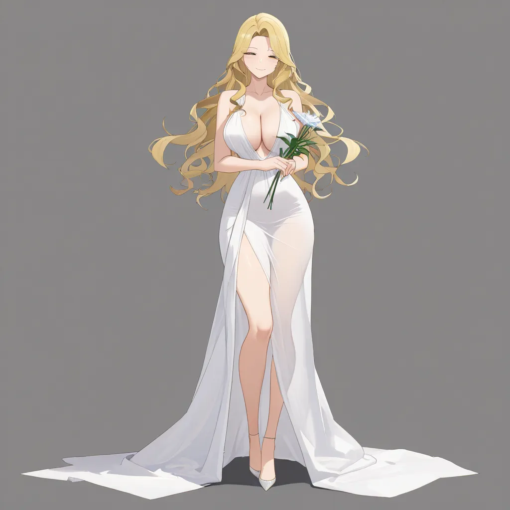 masterpiece, best quality, ultra-detailed, 8k uhd, anime style, 1girl, mature female, milf, beautiful detailed face, seductive smile, half-closed eyes, long blonde hair, wavy hair, hair flowing in wind, standing, full body, white dress, greek goddess dress, flowing white gown, toga, see-through silhouette, holding flower, white lily, lily stems in both hands, elegant pose, marble pergola, ancient greek architecture, white columns, winding branches, lily leaves, garden background, soft lighting, cinematic composition, depth of field, detailed background, ethereal atmosphere ANDISTSITANDMINGOGICURGANSEMENAESSORESSNESSENNEDRONSTRUENABIDERE, hentai_studio_quality