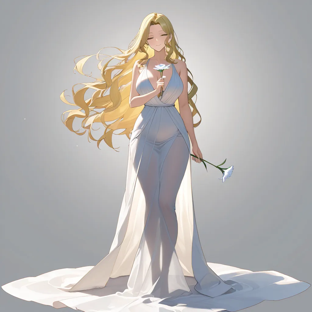 masterpiece, best quality, ultra-detailed, 8k uhd, anime style, 1girl, mature female, milf, beautiful detailed face, seductive smile, half-closed eyes, long blonde hair, wavy hair, hair flowing in wind, standing, full body, white dress, greek goddess dress, flowing white gown, toga, see-through silhouette, holding flower, white lily, lily stems in both hands, elegant pose, marble pergola, ancient greek architecture, white columns, winding branches, lily leaves, garden background, soft lighting, cinematic composition, depth of field, detailed background, ethereal atmosphere IGERATTERSERERSORYODIGHHEBATIVOILTURECARIDIDENTENOMPHOLLADGERSCR, hentai_studio_quality