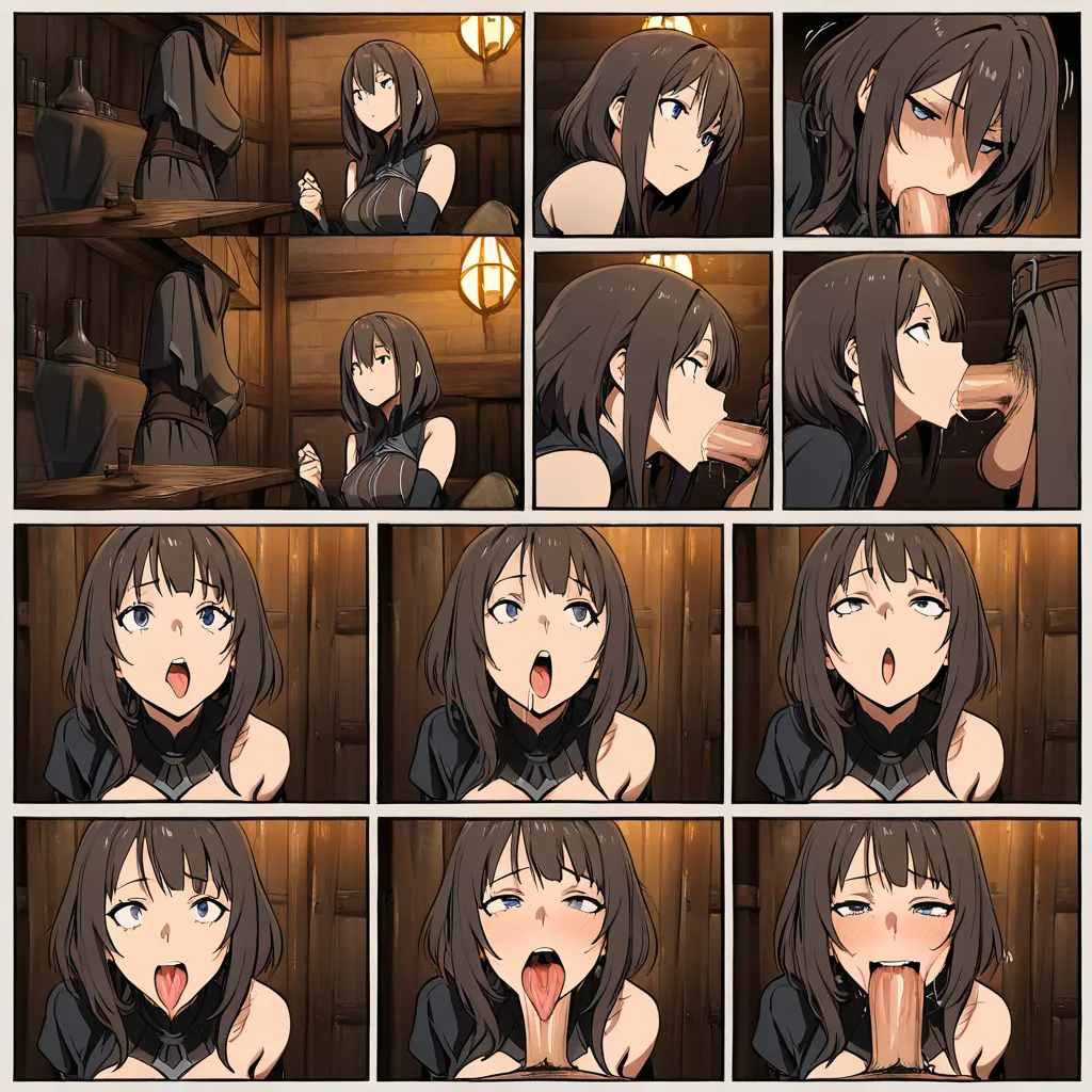 masterpiece, best quality, soft cel shading, eye contact,(deepthroat_blowjob:1.5) enthusiastic fellatio , face focused, head bobbing, expressive, medieval village inn room setting, (lactation:0.5), drool, (comic:2.0), woman gagging, swirling tongue movement, grabbing_another's_hair, (ahegao:1.3), crazed_smiling_crossed_eyed_teary-eyed