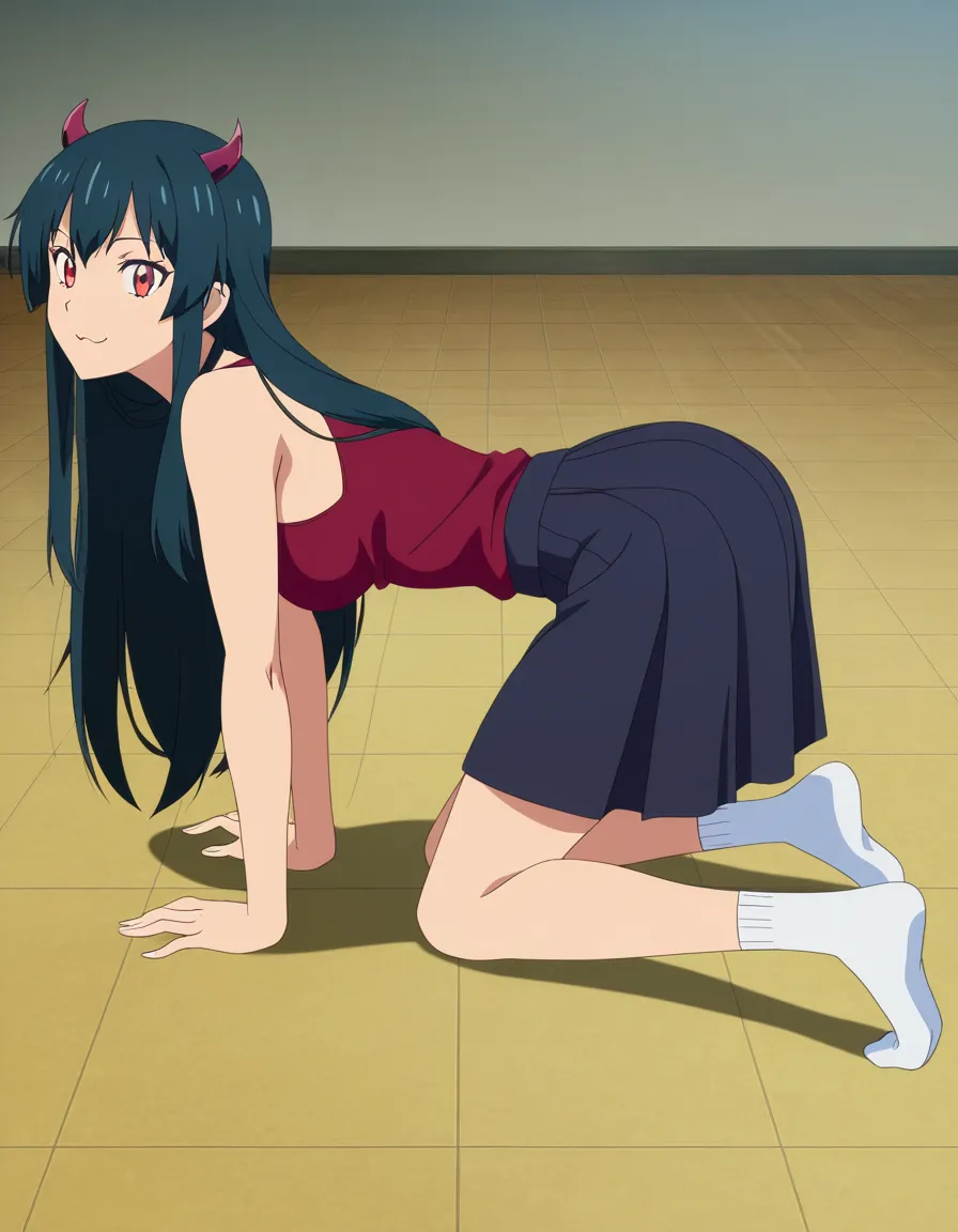 masterpiece, clean art, demon girl, socks, on all fours, playful expression, side view, soft cel shading, (anime style:1.3), 2d, anime screencap, cel shading, flat color