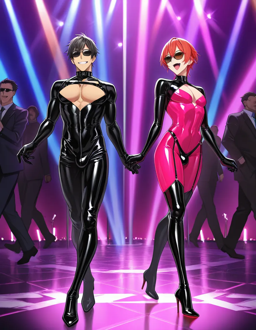 8k, sharp focus, detailed skin, 2boys, party, #yaoi sunglasses, smile, open_mouth, bdsm, score_9, score_8, full_body, walking, latex_pink, high_heels, hentai_studio_quality, hentai_studio_quality