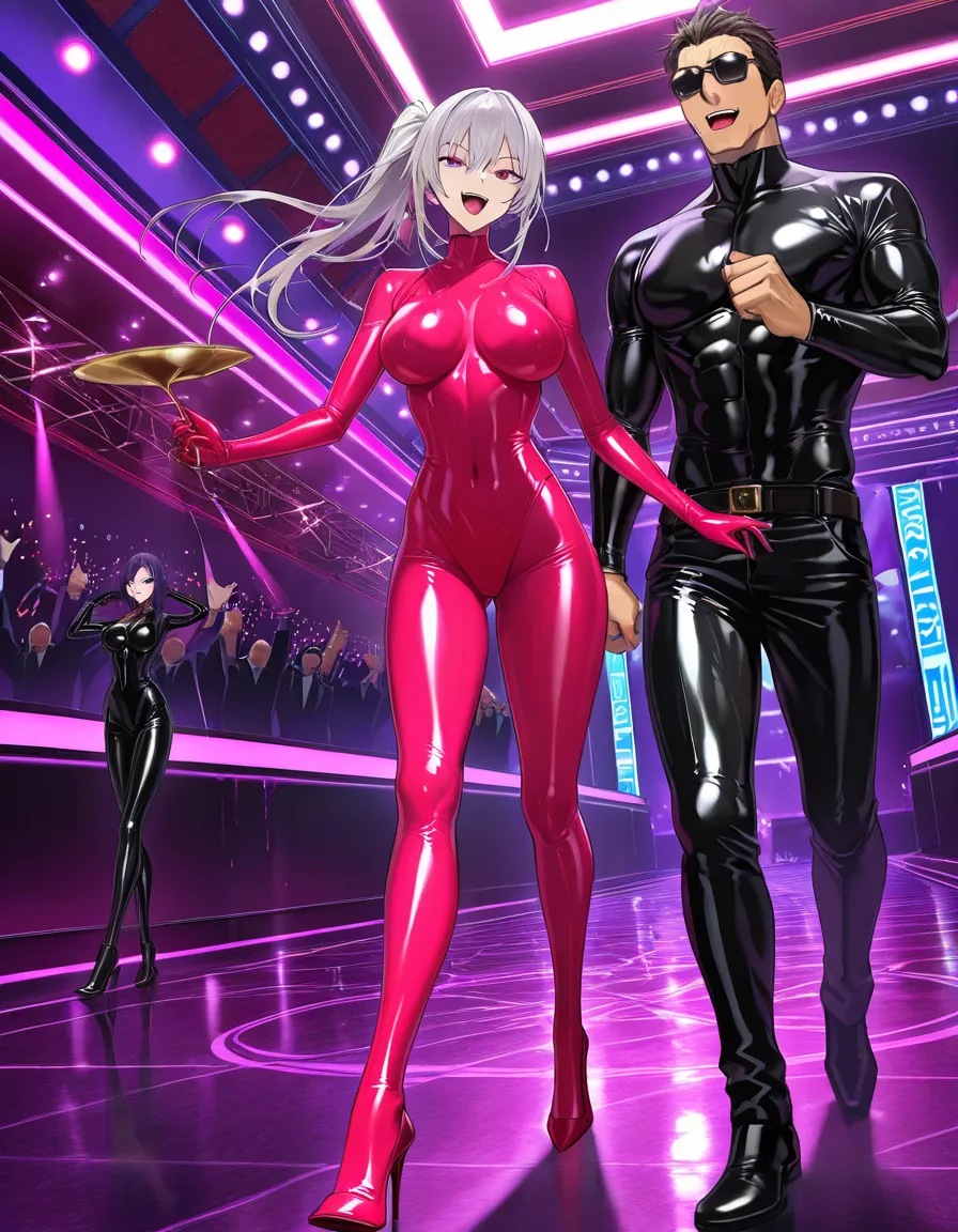 8k, sharp focus, detailed skin, 2boys, party, #yaoi sunglasses, smile, open_mouth, bdsm, score_9, score_8, full_body, walking, latex_pink, high_heels, hentai_studio_quality, femdom, hentai_studio_quality
