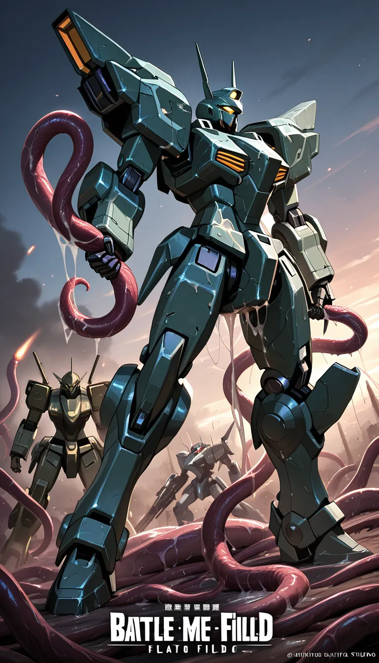 battle mecha stand in battle field,tentacle grab battle mecha,tentacle fuck battle mecha,another tentacle cum on body battle mecha