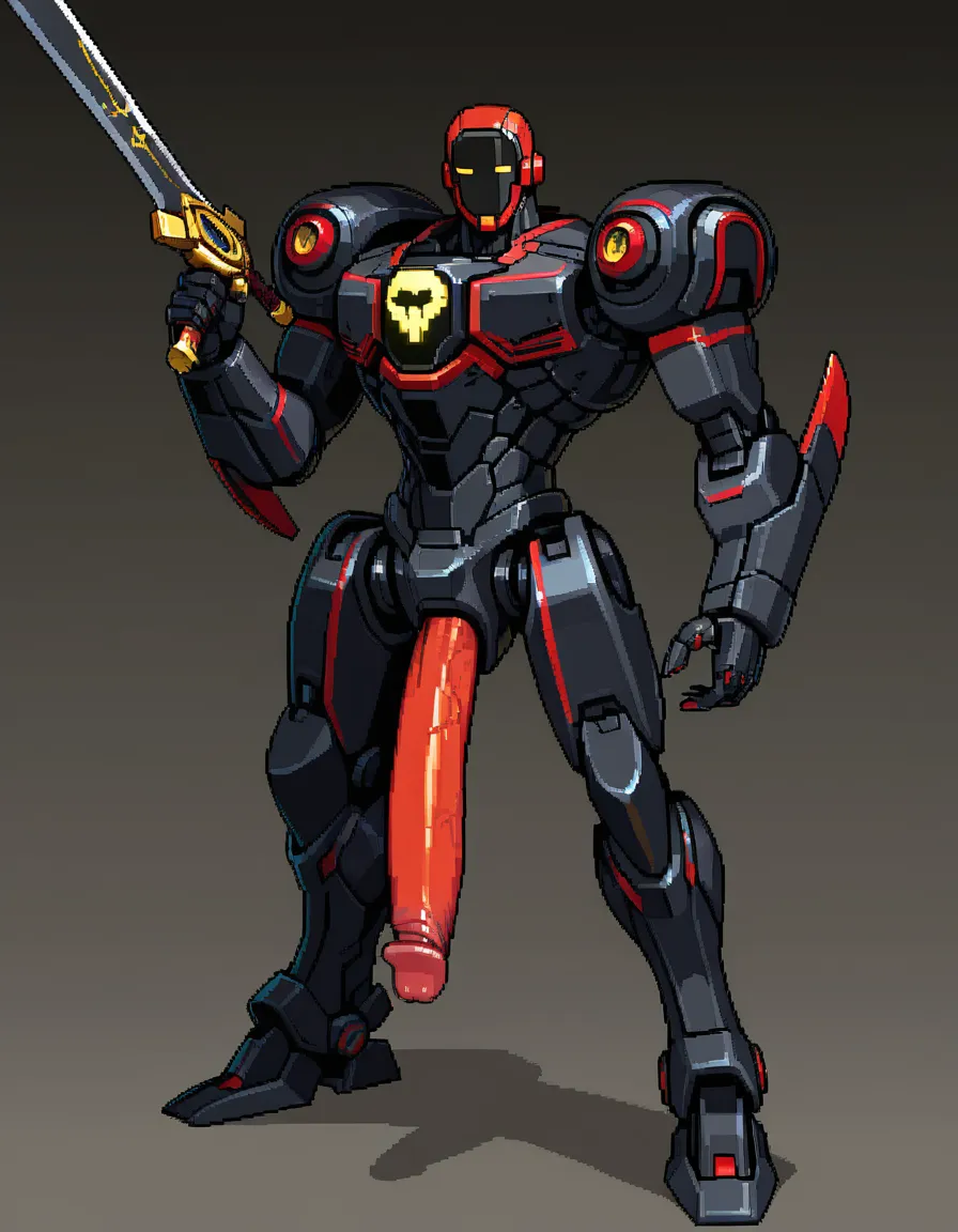 robot boy, screen face, black body, holding_gun and sword, square face, yellow_eyes, red_hair, large_penis, pixel_art, hentai_studio_quality
