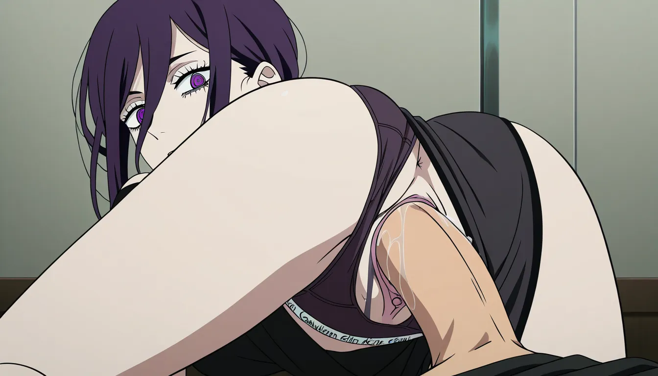 chainsaw_man_style, tatsuki_fujimoto_style, anime_screencap

1girl, goth, black-purple hair, purple eyes, makeup, mascara, calvin klein black panties, black t-shirt, panties aside, vaginal penetration, interracial, fat black male, on bed, naughty_face, smirk, big black penis, reverse_cowgirl_position.