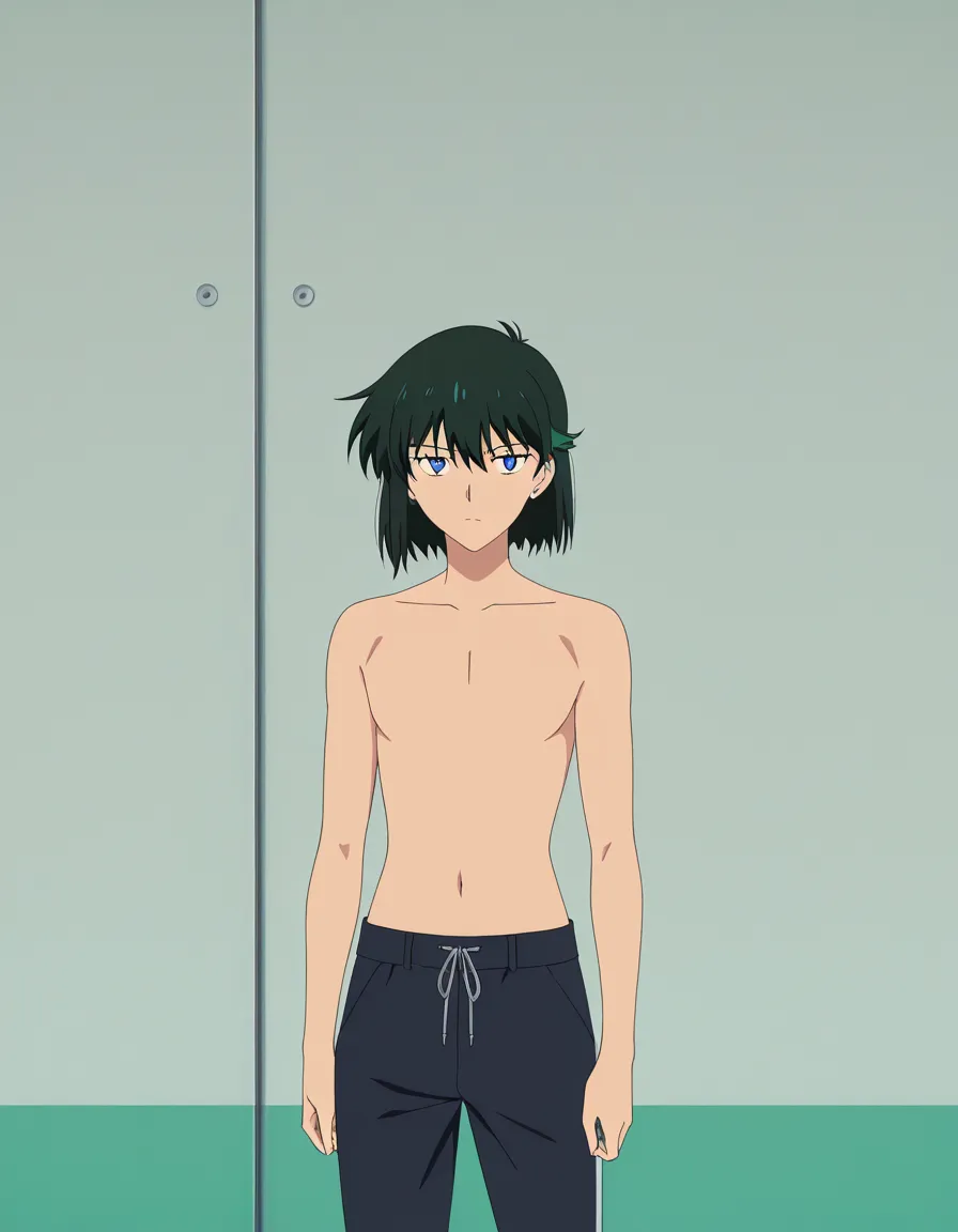 masterpiece, clean art, 1other, short sleeves, topless, dominant stare, vivid anime colors, (anime style:1.3), 2d, anime screencap, cel shading, flat color
