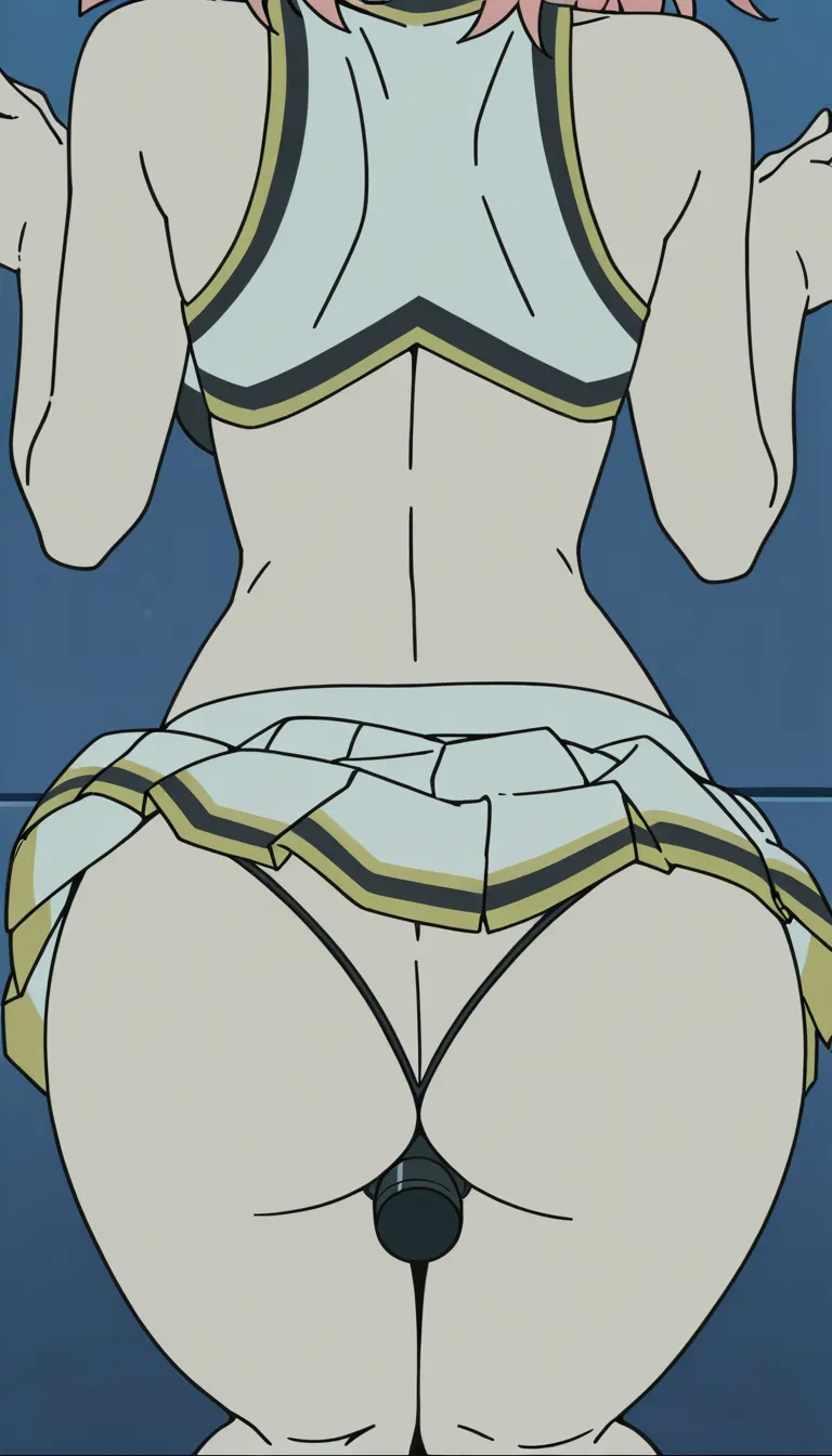 Anime sissy boy in cheerleader uniform locked in chastity held face down ass up getting fucked