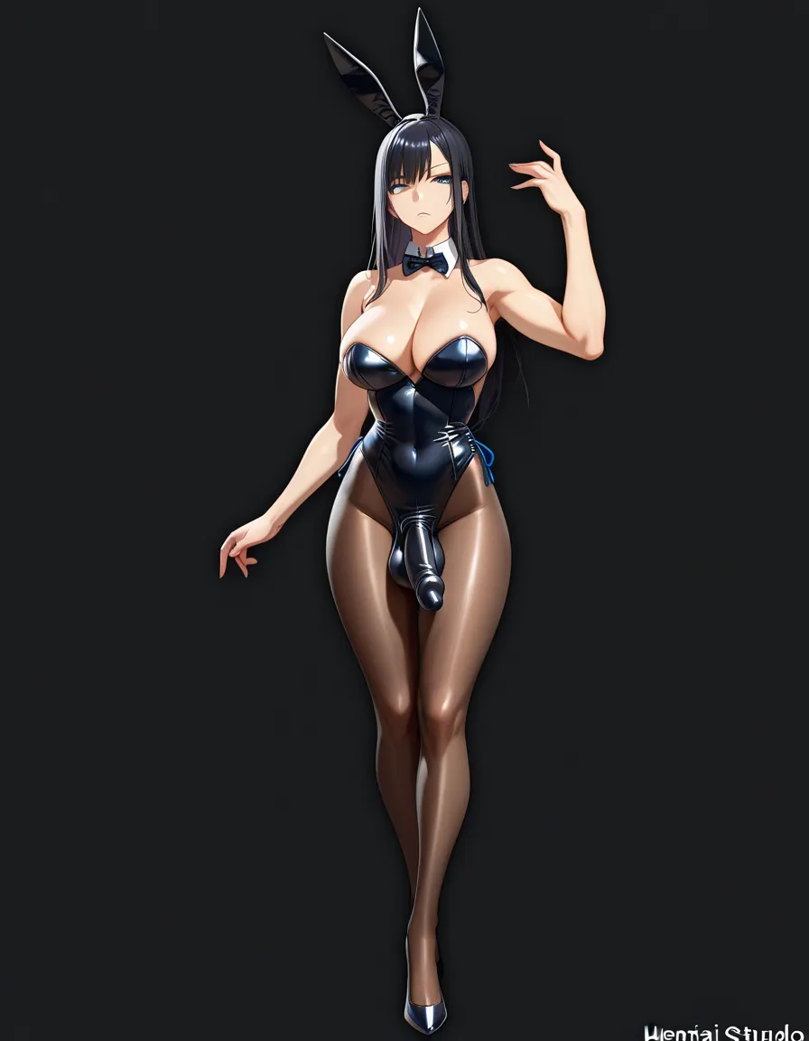 ultra detailed shading, bunny girl, futanari, bare arms, black background, visual novel art, hentai_studio_quality