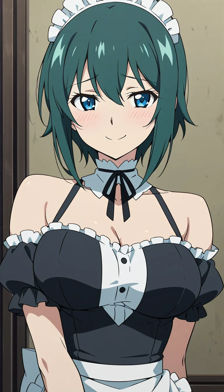 ultra HD, lifelike, maid, teasing, bare shoulders, shy smile, cinematic realism
