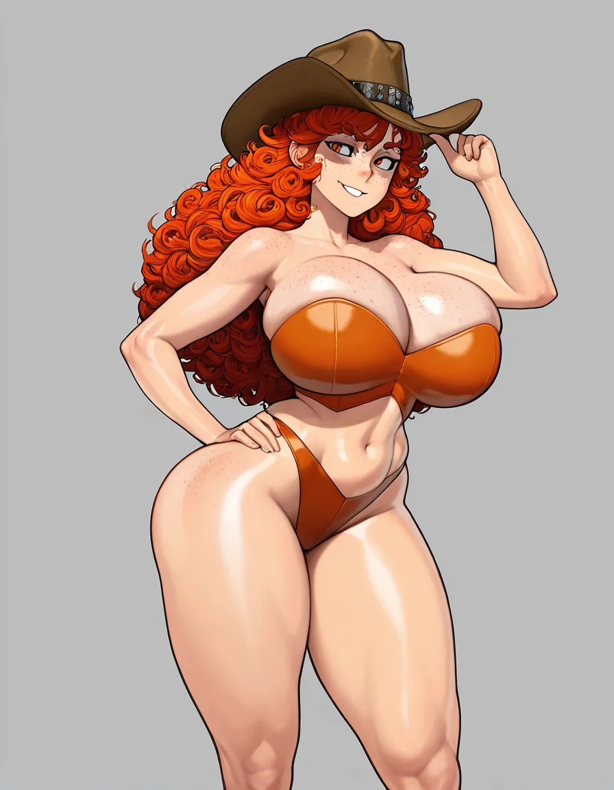 Texan country cowgirl, cowboy hat, red orange longs curly hair, freckles on face, retarded huge round massive breast, large amount of freckles on breast, nice firm round butt, long torso, small waist, long sexy legs with thick plump thighs and calf's,, hentai_studio_quality, hentai_studio_quality