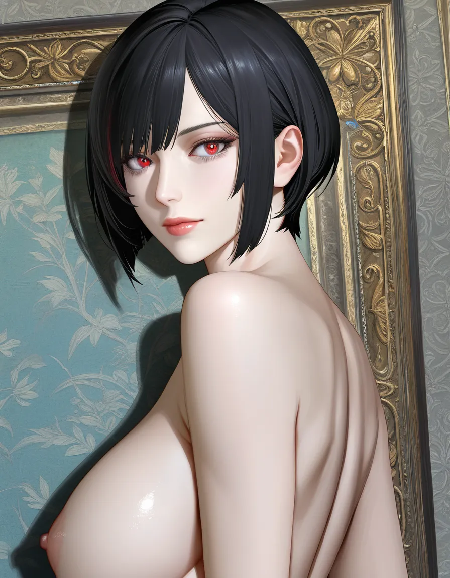 masterpiece, best quality, score_7, newest, anime screenshot, official art, 1girl, art by  Kishimoto Masashi , nude, big ass, (huge_breasts),(mature_female),bob haircut,pale skin,  intricate detail,photorealistic,realistic painting,high quality,(portrait),Exquisite hair details, exquisite eye details, exquisite face details,exquisite dark nipple details,exquisite pubes details,exquisite pale skin details,pubes,pink nipple,street background,boruto anime style,(wallwalking),18 years old,(sagging_breasts) , Body under the spotlight,(legs_apart) ,disheveled hair, night,(exhibitionism) ,(zenra) ,hand on leg,saluting waving hand to say hello ,milf, hyuuga hinata, (flat color:1.3), hard cel shading, thin crisp lineart, high key daylight, vivid primary palette, bright clean background, hentai_studio_quality