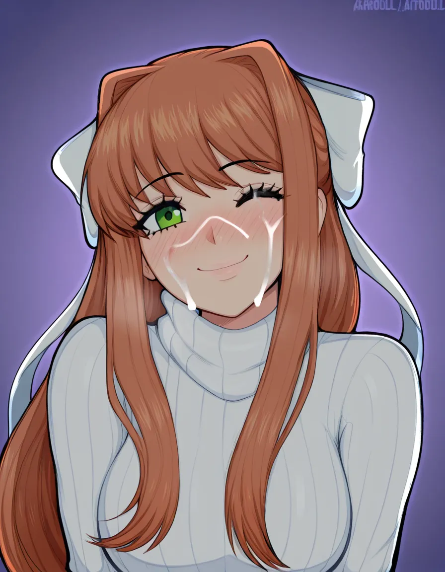 afrobull_artstyle, @monika_(doki_doki_literature_club), 1girl, solo, hair_down, full-face_blush, smile, turtleneck_sweater, white_sweater, one_eye_closed, facial, cum, looking_at_viewer, facing_viewer, hentai_studio_quality