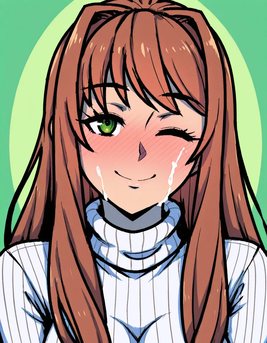 akairiot_artstyle, @monika_(doki_doki_literature_club), 1girl, solo, hair_down, full-face_blush, smile, turtleneck_sweater, white_sweater, one_eye_closed, facial, cum, looking_at_viewer, facing_viewer, hentai_studio_quality