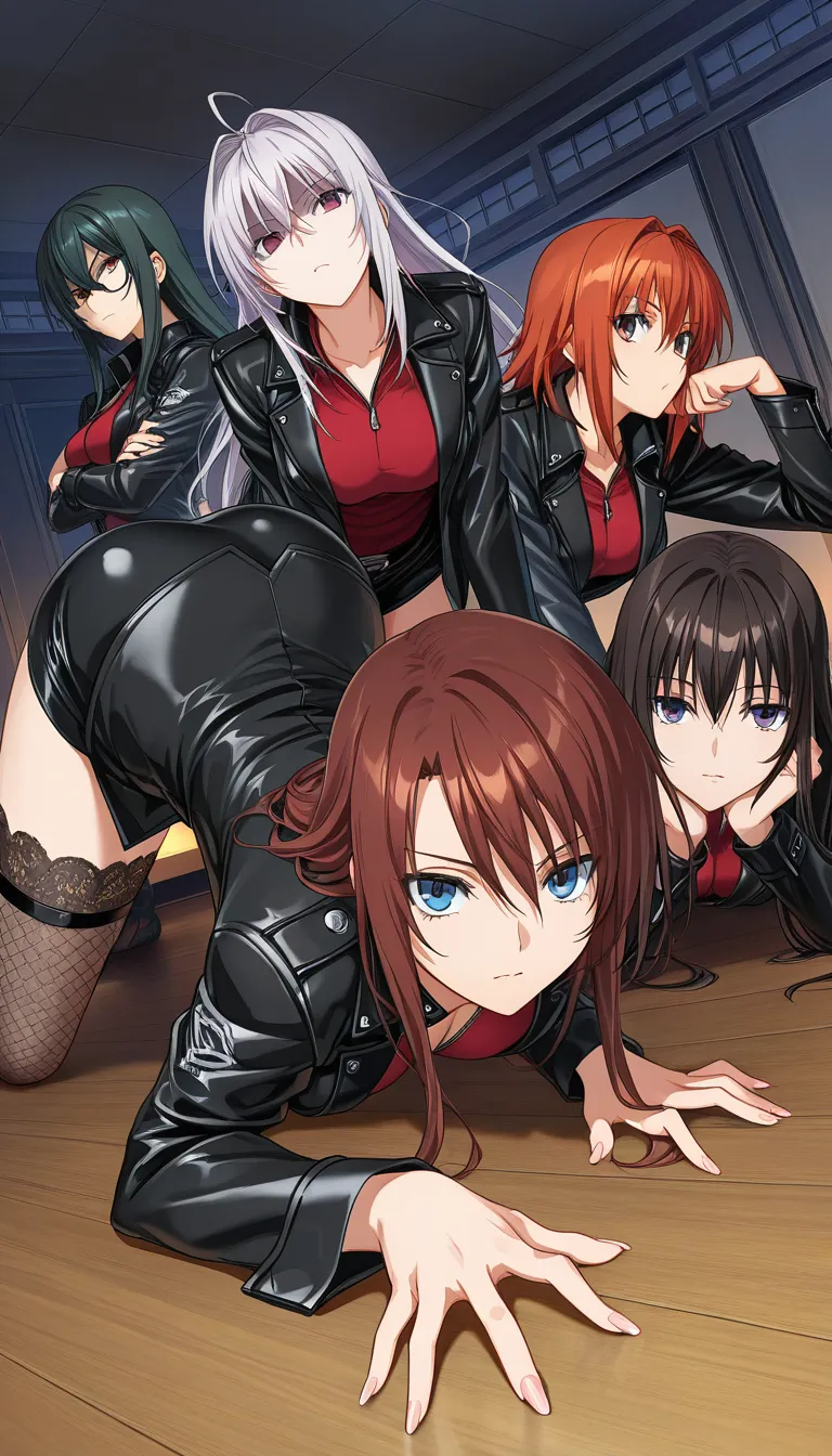 ultra detailed shading, 4girls, fingernails, jacket, on all fours, visual novel art, hentai_studio_quality