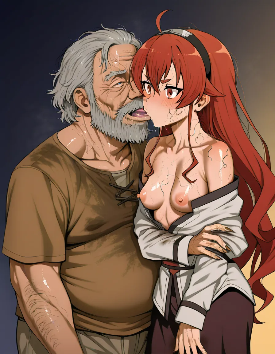eris boreas greyrat, mushoku tensei, nipples, ugly young man kiss, stained clothes, greasy hair, oily skin, messy unkempt beard, visible dandruff, yellowed shirt, dirty fingernails, wrinkled clothes, unkempt appearance, worn-out clothing, grimy skin, An extremely unattractive adult man, awkward facial proportions, asymmetrical face, uneven small eyes, heavy eyelids, large misshapen nose, crooked mouth, protruding uneven teeth, recessed chin, asymmetrical jaw, sagging cheeks, double chin, thick unkempt eyebrows, greasy messy thinning hair, patchy unshaven beard, acne scars, large visible pores, blemished oily skin, deep dark under-eye circles, yellowed stained shirt, wrinkled worn-out clothes, poor hygiene, sloppy appearance, unflattering facial features,, (anime style:1.3), 2d, anime screencap, cel shading, flat color
