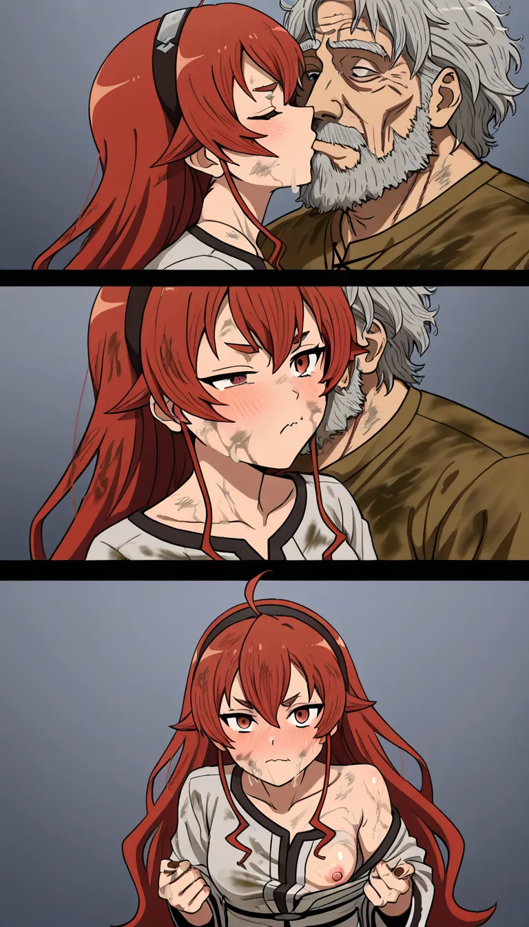 1 boy, 1 girl, eris boreas greyrat, mushoku tensei, nipples, kiss, stained clothes, greasy hair, oily skin, messy unkempt beard, visible dandruff, yellowed shirt, dirty fingernails, wrinkled clothes, unkempt appearance, worn-out clothing, awkward facial proportions, asymmetrical face, uneven small eyes, heavy eyelids, large misshapen nose, crooked mouth, protruding uneven teeth, recessed chin, asymmetrical jaw, sagging cheeks, double chin, thick unkempt eyebrows, greasy messy thinning hair, patchy unshaven beard, acne scars, large visible pores, blemished oily skin, deep dark under-eye circles, yellowed stained shirt, wrinkled worn-out clothes, poor hygiene, sloppy appearance, unflattering facial features,,,, small penis,, (anime style:1.3), 2d, anime screencap, cel shading, flat color, (anime style:1.3), 2d, anime screencap, cel shading, flat color, @00osamio00, (anime style:1.3), 2d, anime screencap, cel shading, flat color