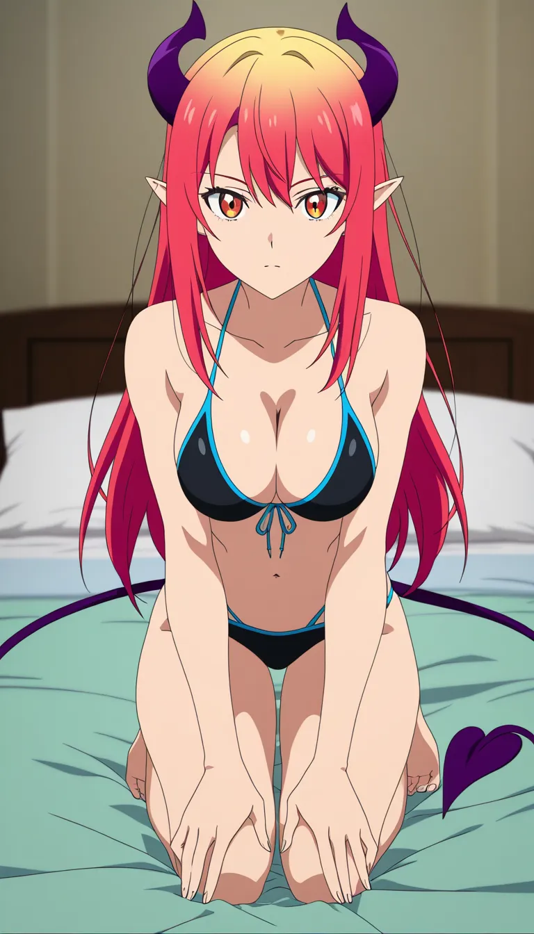 masterpiece, vivid colors, succubus, kneeling on bed, toned body, swimsuit, blurry background, cel shading, (anime style:1.3), 2d, anime screencap, cel shading, flat color