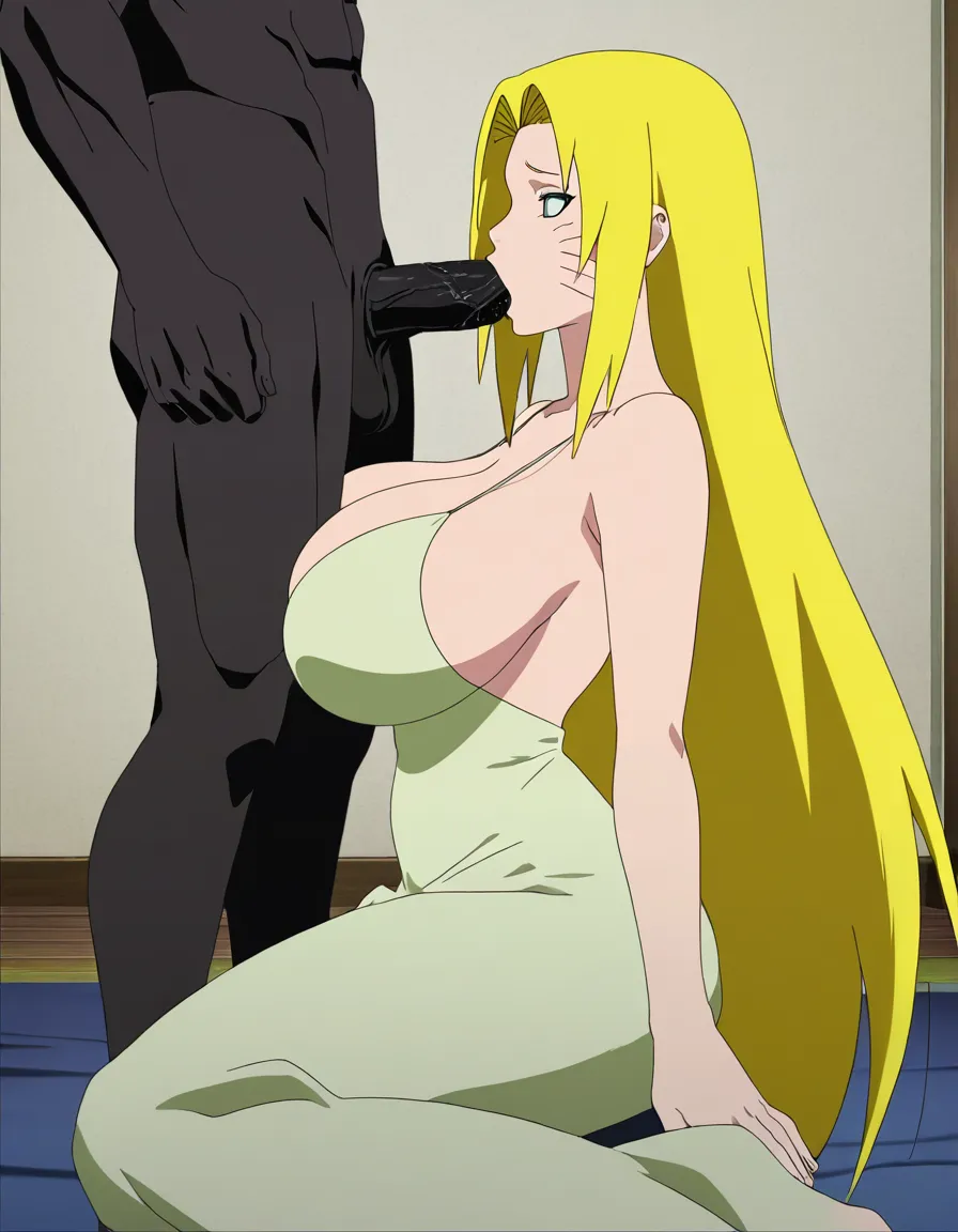 A reimagined, female version of Naruto Uzumaki captured in a standing, yellow long hair, dress,big boobs ,big hip, Black man with big black cock give blowjob, (anime style:1.3), 2d, anime screencap, cel shading, flat color, @00osamio00