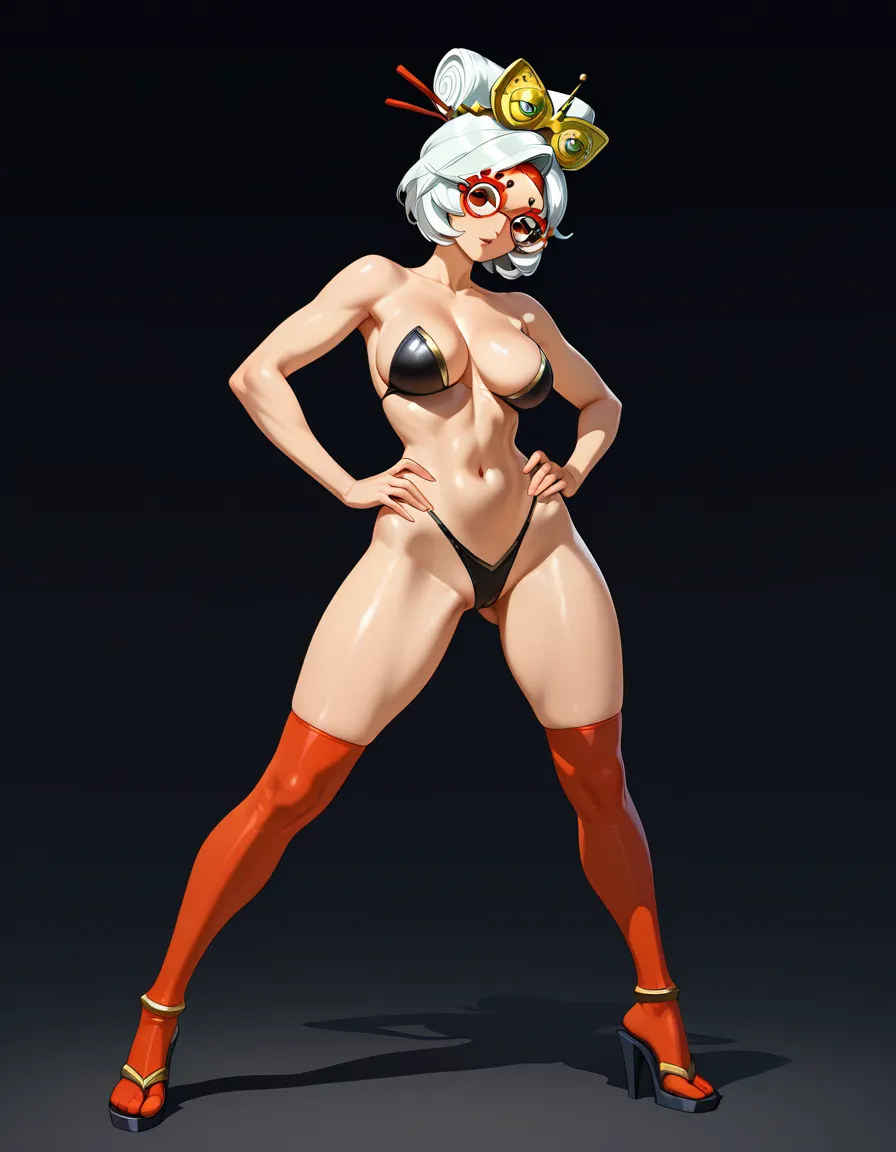 @purah, fully naked, full body visible, standing, slightly spread legs, arms holding her hips, black background, hentai_studio_quality
