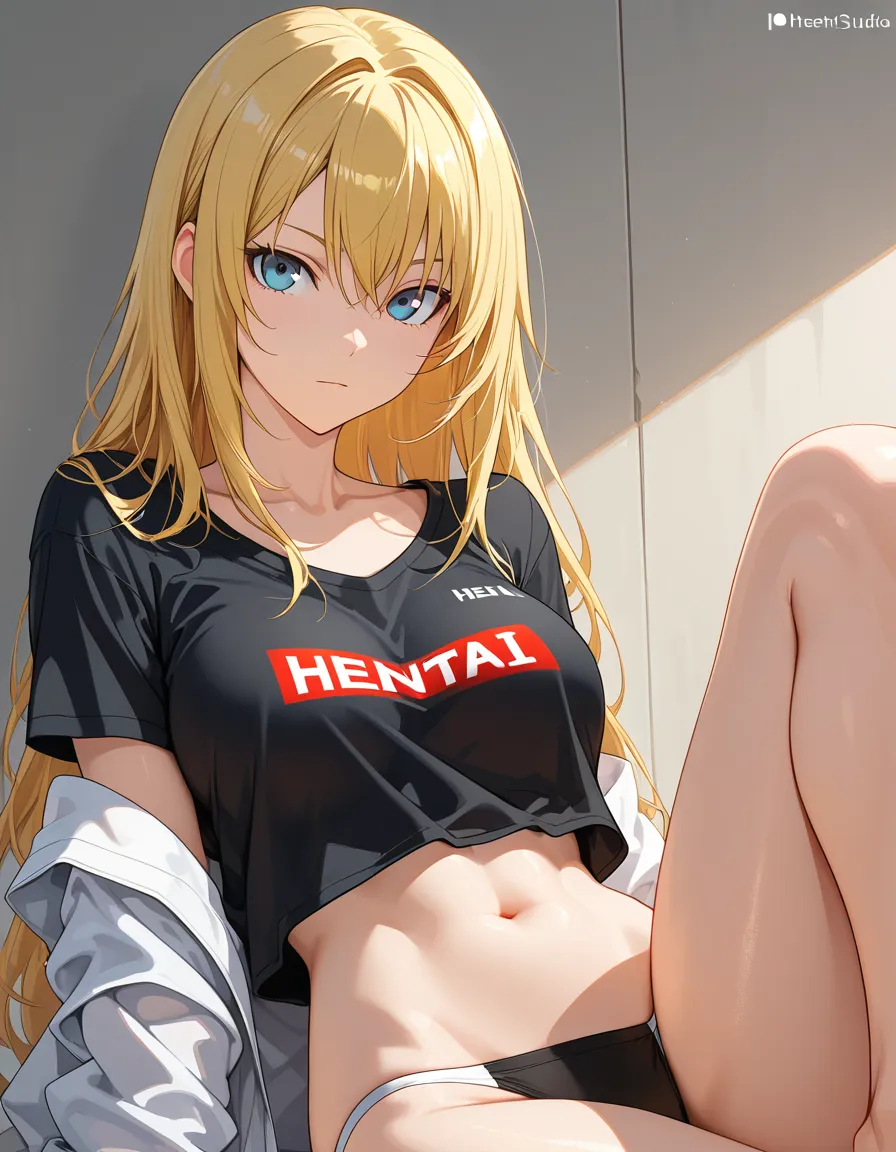 ultra detailed shading, solo, stomach, shirt, leg up, hentai style blonde, shoulder length hair, slim, sexy, 20 years old, hentai_studio_quality