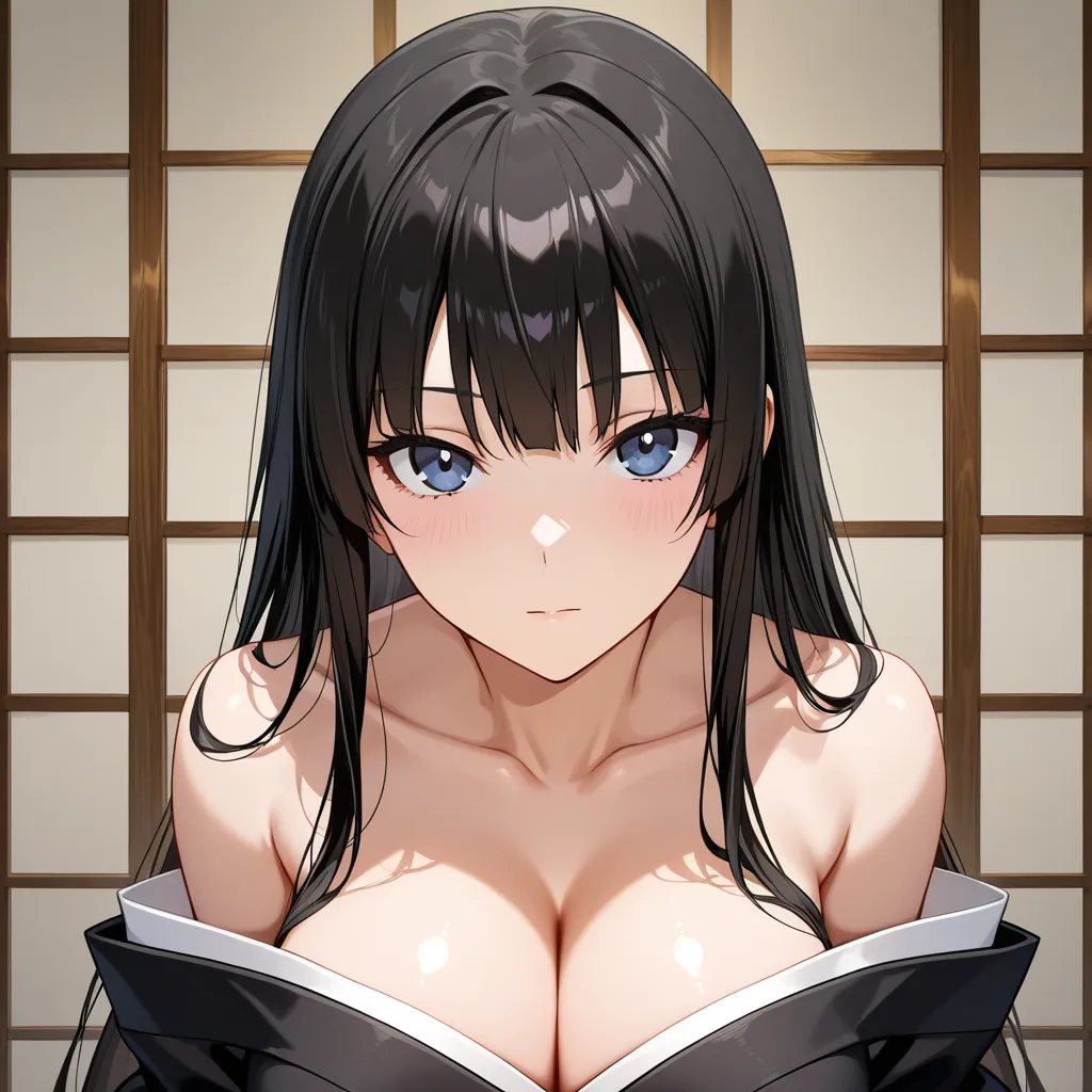 Change into a short open, very loose black kimono,The shoulders are bare, 4K resolution, lets the viewer take a deep peek down her cleavage., hentai_studio_quality