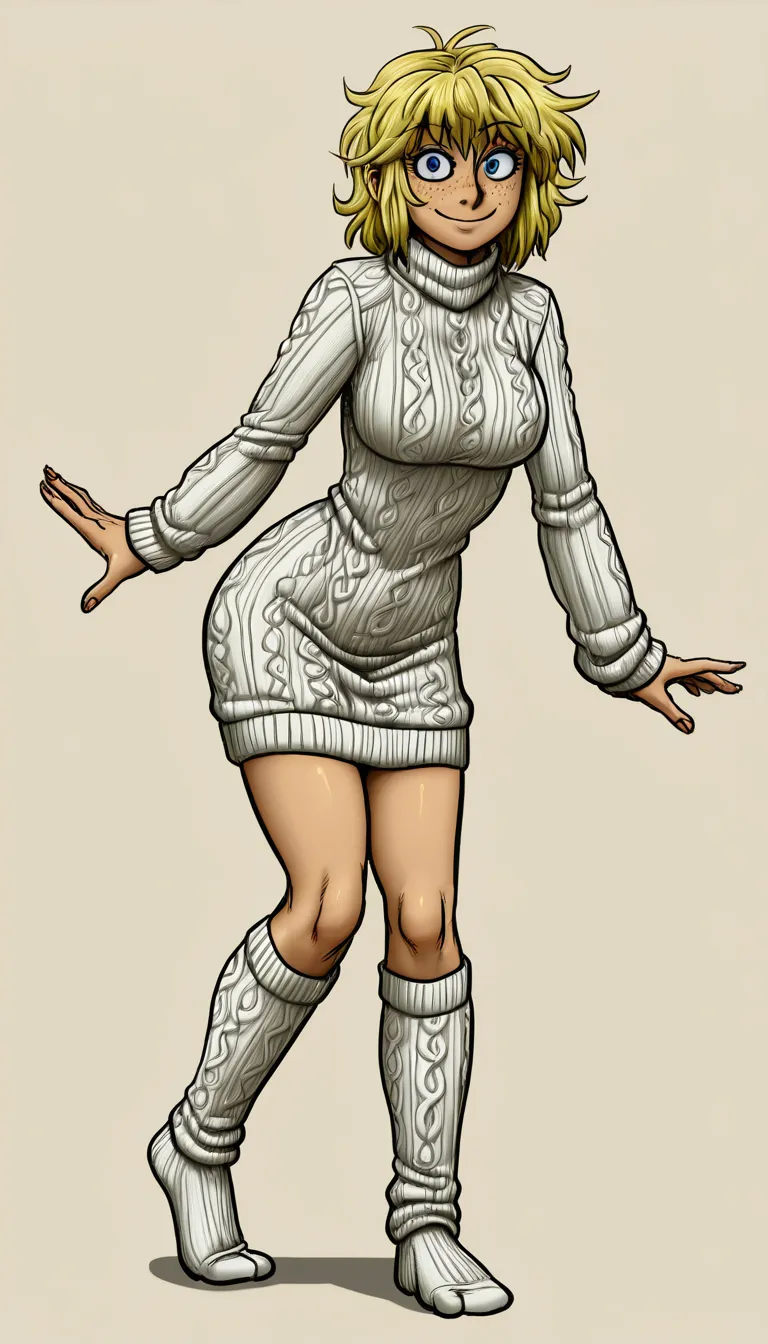 Art by Spidu, Spidu style,  wearing knit bodystockings socks, front view, from front view, standing, smile, messy blonde hair, freckles, Full body, Symmetric, V-tuber ready, 1girl, solo, bold linework, white_background, solid color background, #Spidu, hentai_studio_quality, hentai_studio_quality