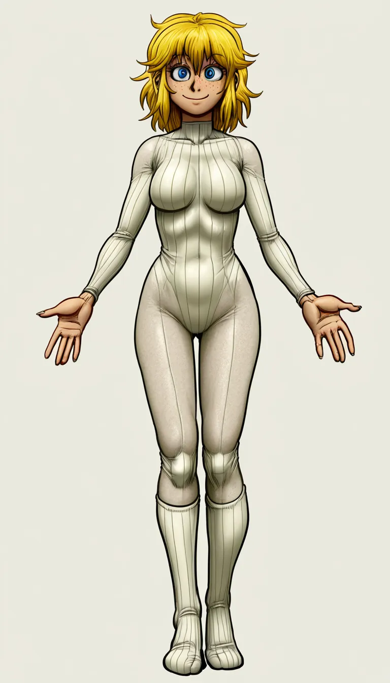 Art by Spidu, Spidu style, wearing bodystockings with leggings knee socks, front view, from front view, standing, smile, messy blonde hair, freckles, Full body, Symmetric, V-tuber ready, 1girl, solo, bold linework, white_background, solid color background, #Spidu,, hentai_studio_quality