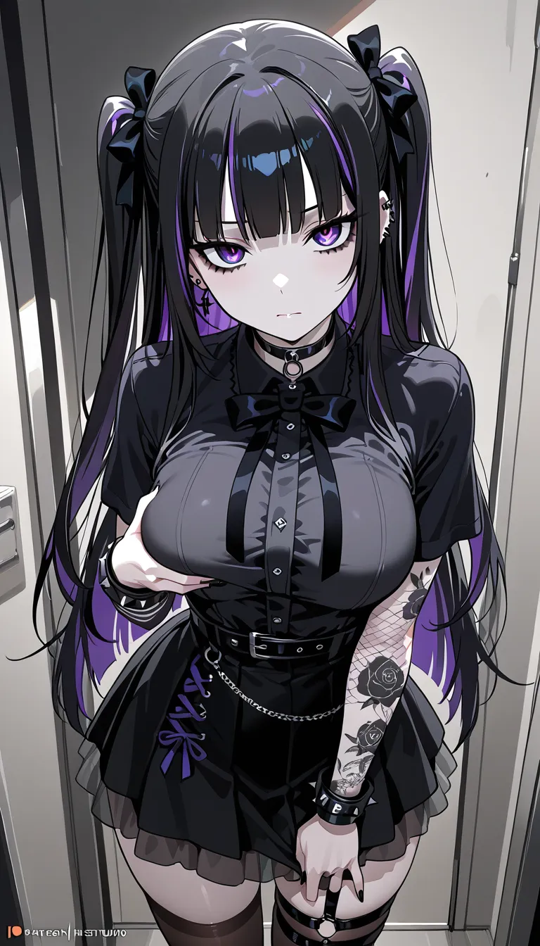 Anime goth girl, pale skin, breasts squeezeing