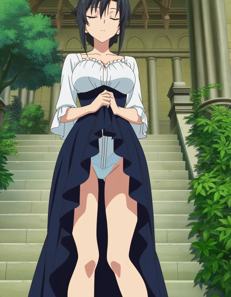 best quality, intricate details, closed_eyes lady, public_indecency , thighs, frills, plant, highly detailed anime, (anime style:1.3), 2d, anime screencap, cel shading, flat color