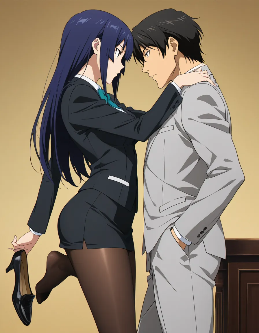 masterpiece, best quality, 2boys, pantyhose, leg up, side view, anime style, hentai_studio_quality