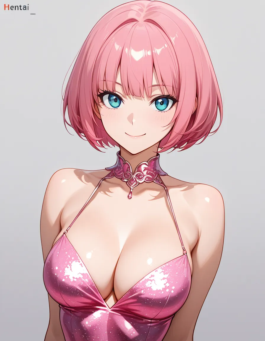 sexy, pink hair, bob cut, medium breast, smile, pink_hair, pink metillic dress, hentai_studio_quality