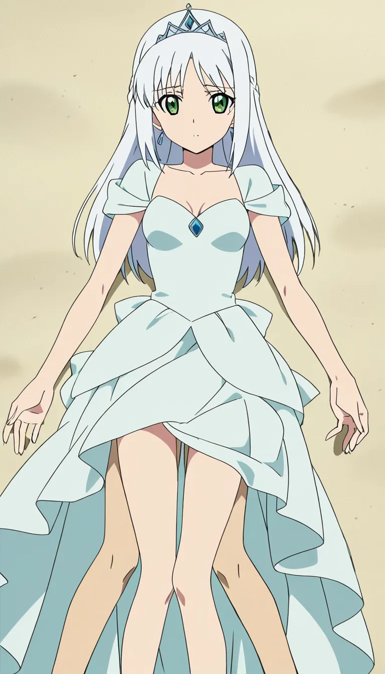 A beautiful, sexy, slender girl with white hair and green eyes, wearing a princess dress, is standing full-length on the beach. She is having sex with a man in the missionary position. Semen is leaking from her vagina.