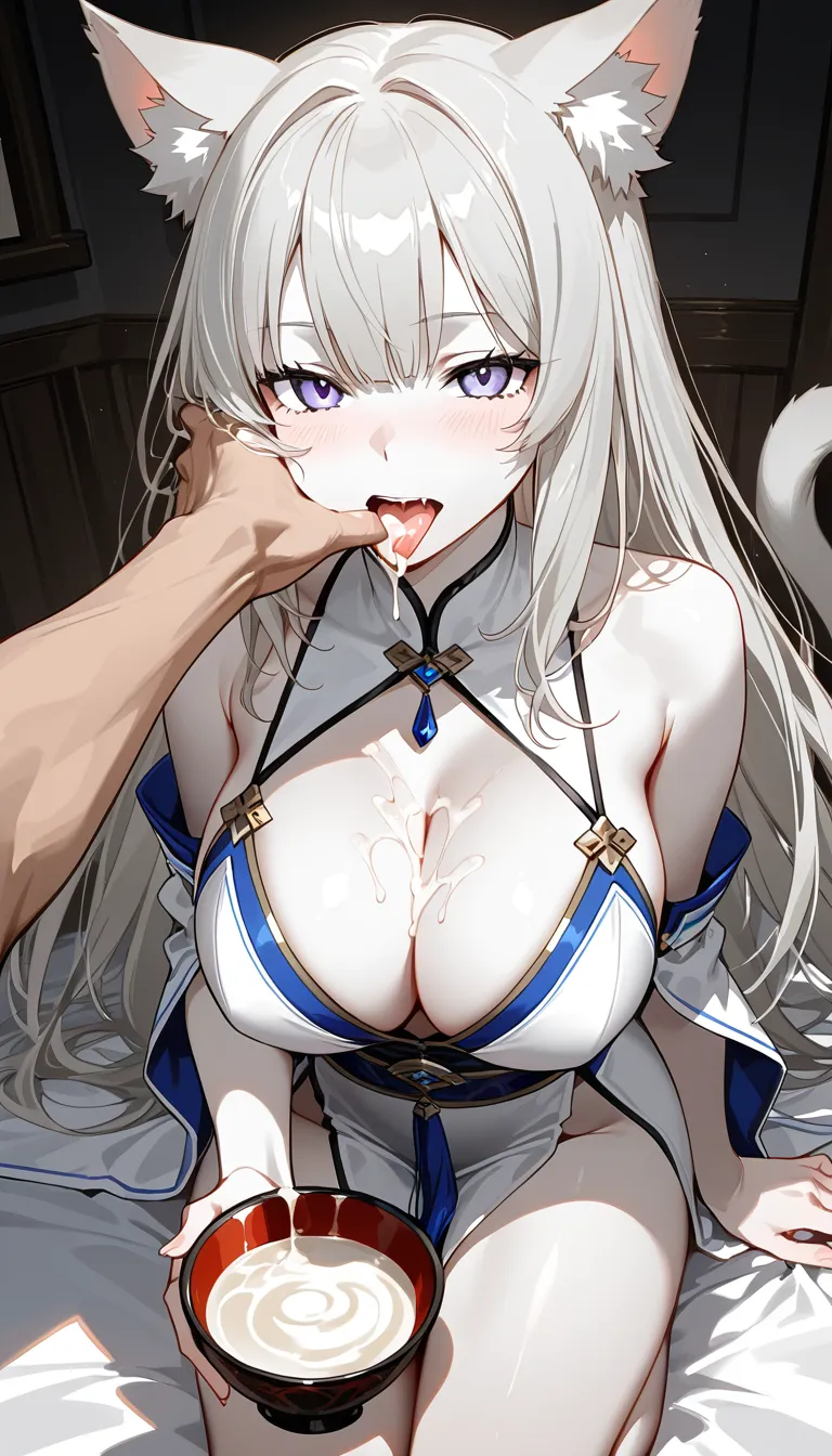 Cute cat_girl with long ginger hair, large breasts and porcelain pale white skin licking cum out of a bowl