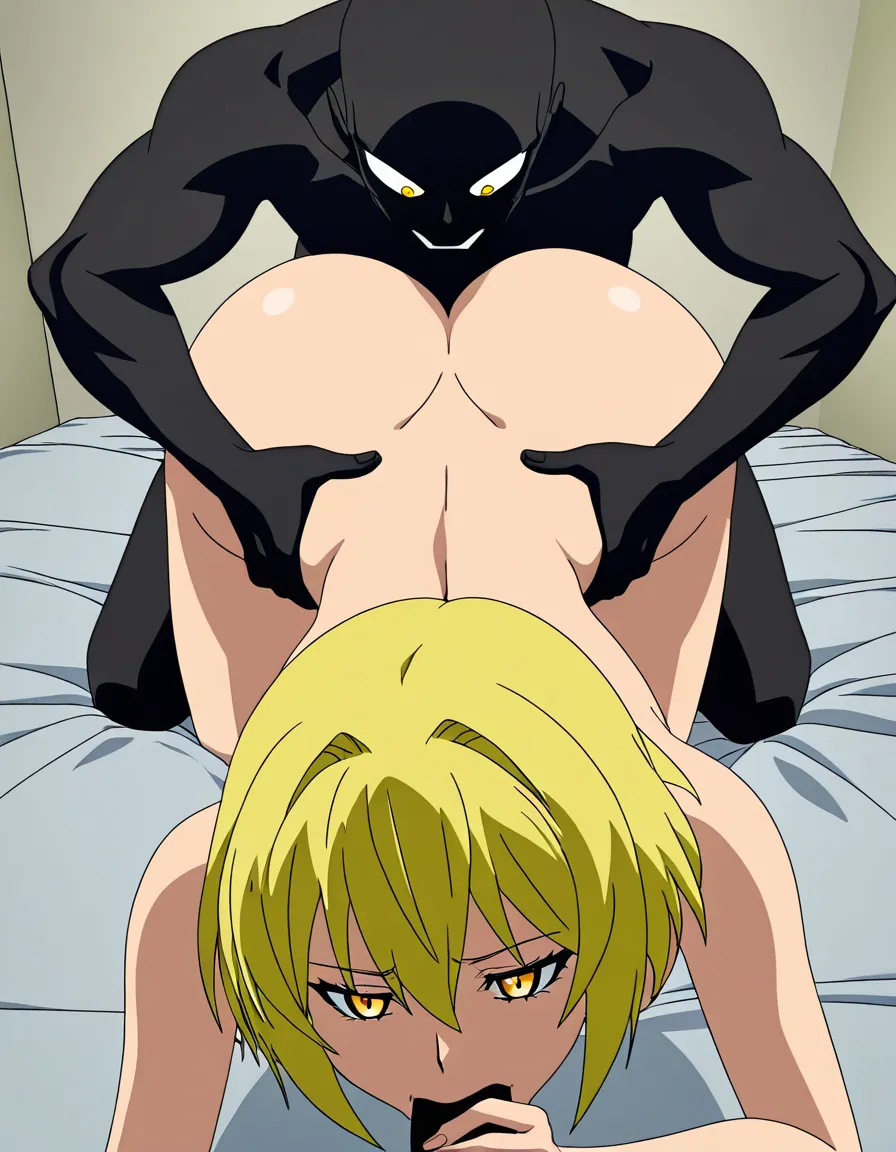 Big ass, narrow_waist, hourglass body, blonde_hair, yellow_eyes, beautiful, hentai_studio_quality, sex_from_behind and fellatio, black guys, male_penetrated, (anime style:1.3), 2d, anime screencap, cel shading, flat color, @00osamio00