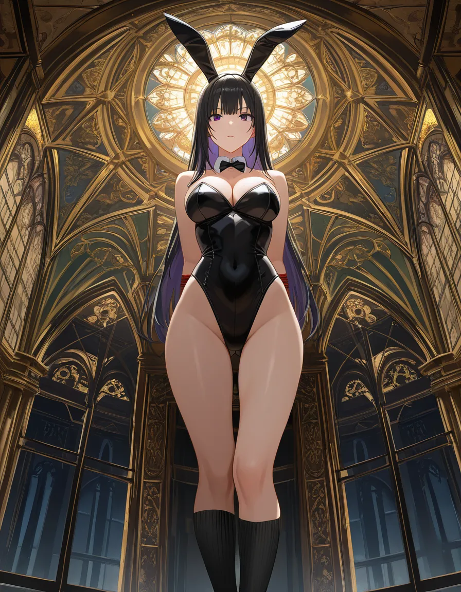 masterpiece, clean art, bunny girl, socks, bondage, confident gaze, wide shot, manga panel looking_up, hentai_studio_quality