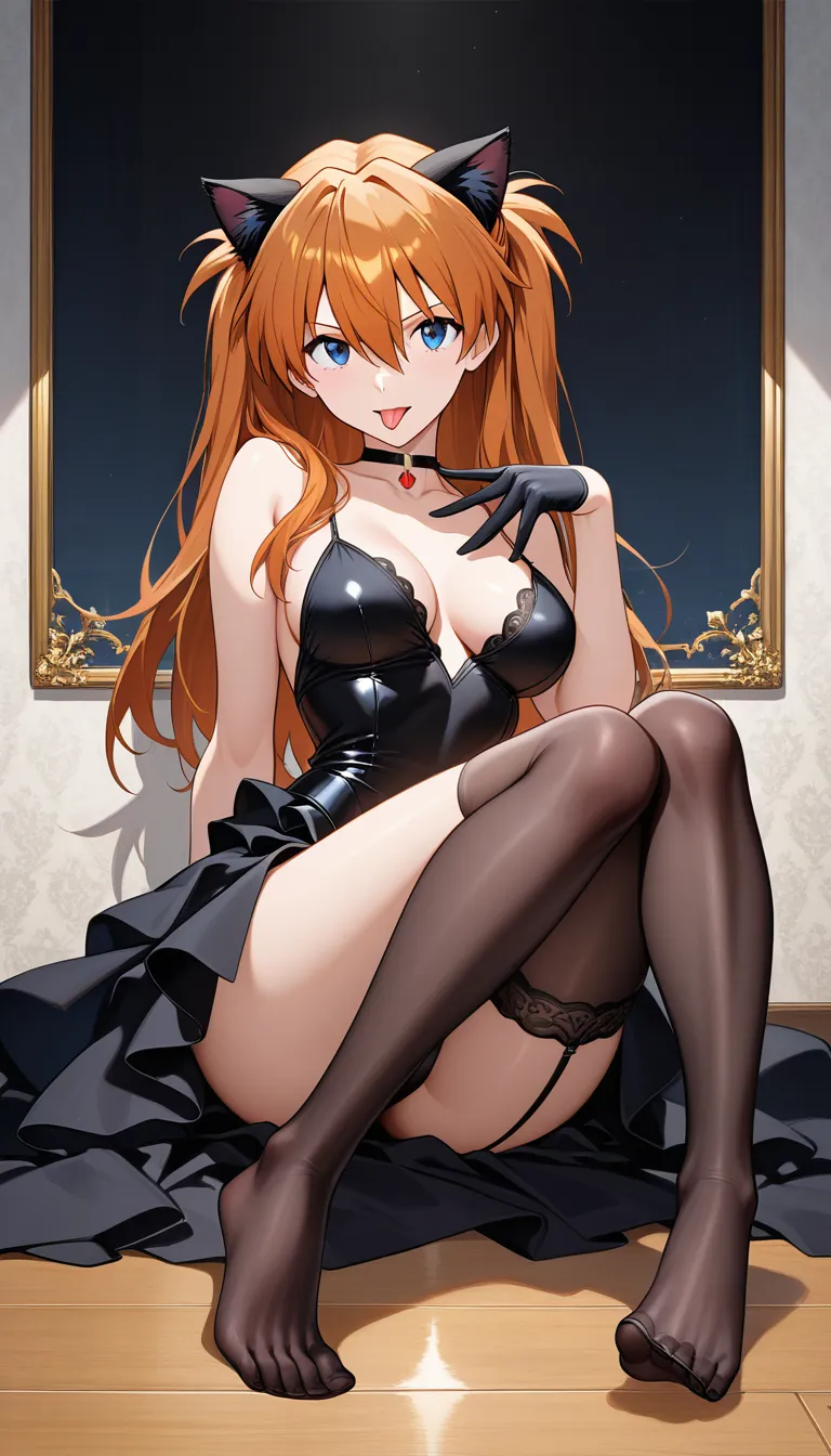 @souryuu_asuka_langley #black_gloves #dress #cat_ears #solo #feet #choker #knees_together_feet_apart
Feet directed to viewer #tongue, hentai_studio_quality