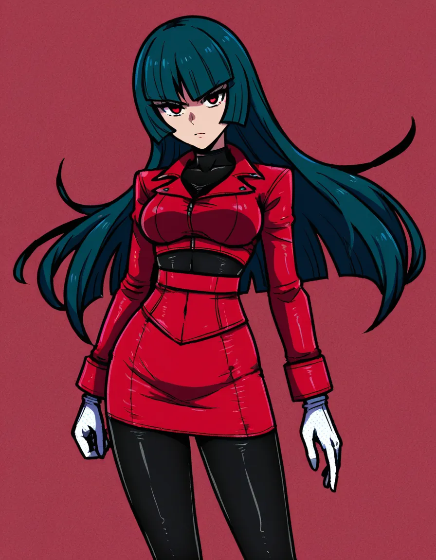 #akairiot_artstyle, @sabrina_(pokemon), pokemon, pokemon_firered_and_leafgreen, 1girl, solo, long_hair, blunt_bangs, red_eyes, bodysuit, black_bodysuit, bodysuit_under_clothes, red_jacket, red_skirt, pencil_skirt, white_gloves, serious, ass, standing, looking_back, from_behind, hentai_studio_quality