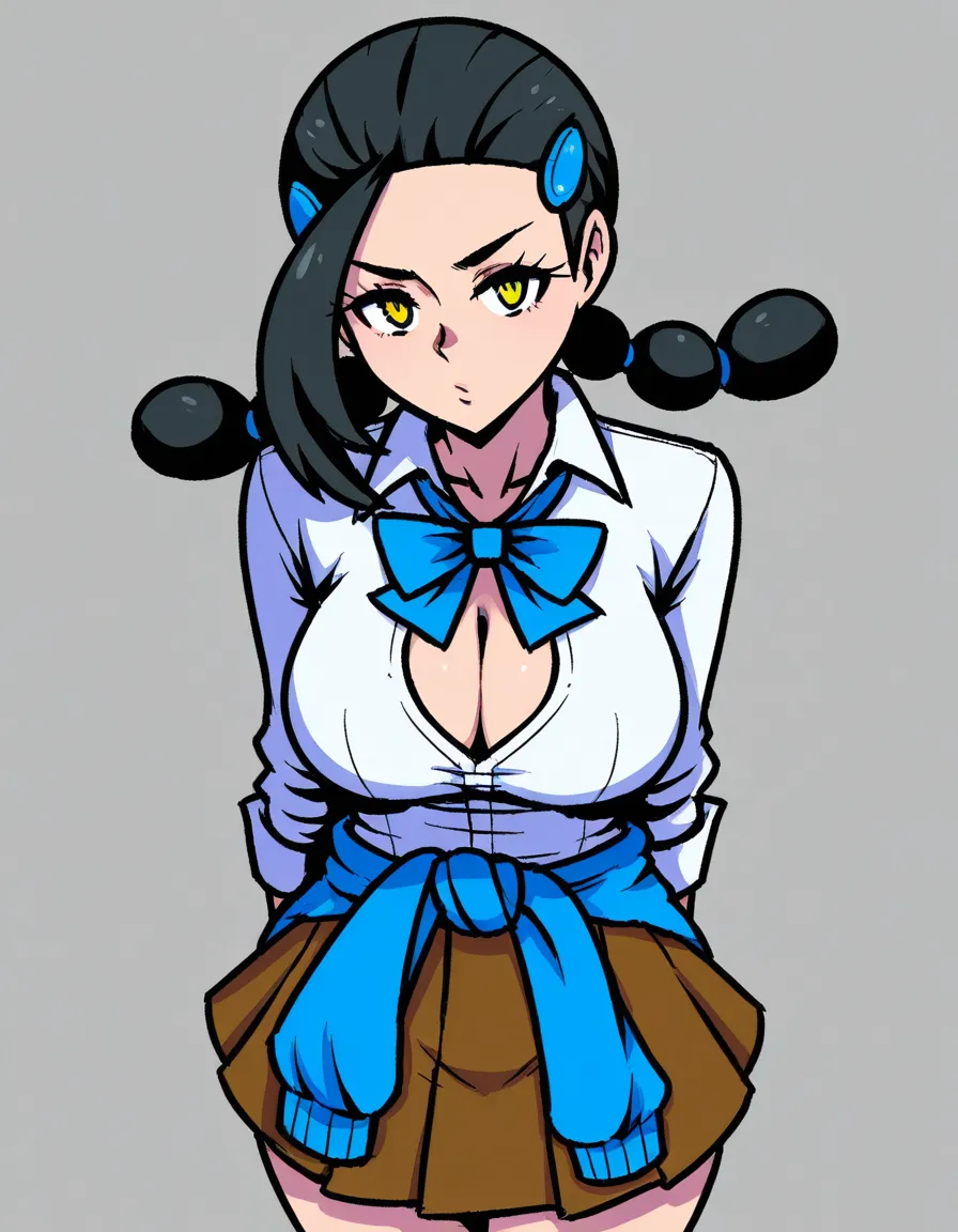 #akairiot_artstyle, @candice_(pokemon), pokemon, 1girl, black_hair, multi-tied_hair, twintails, yellow_eyes, blue_hairclip, collared_shirt, white_shirt, blue_bowtie, brown_skirt, blue_sweater, sweater_around_waist, large_breasts, cleavage, partially_unbuttoned, full-face_blush, smile, upper_body, handjob, pov, hentai_studio_quality