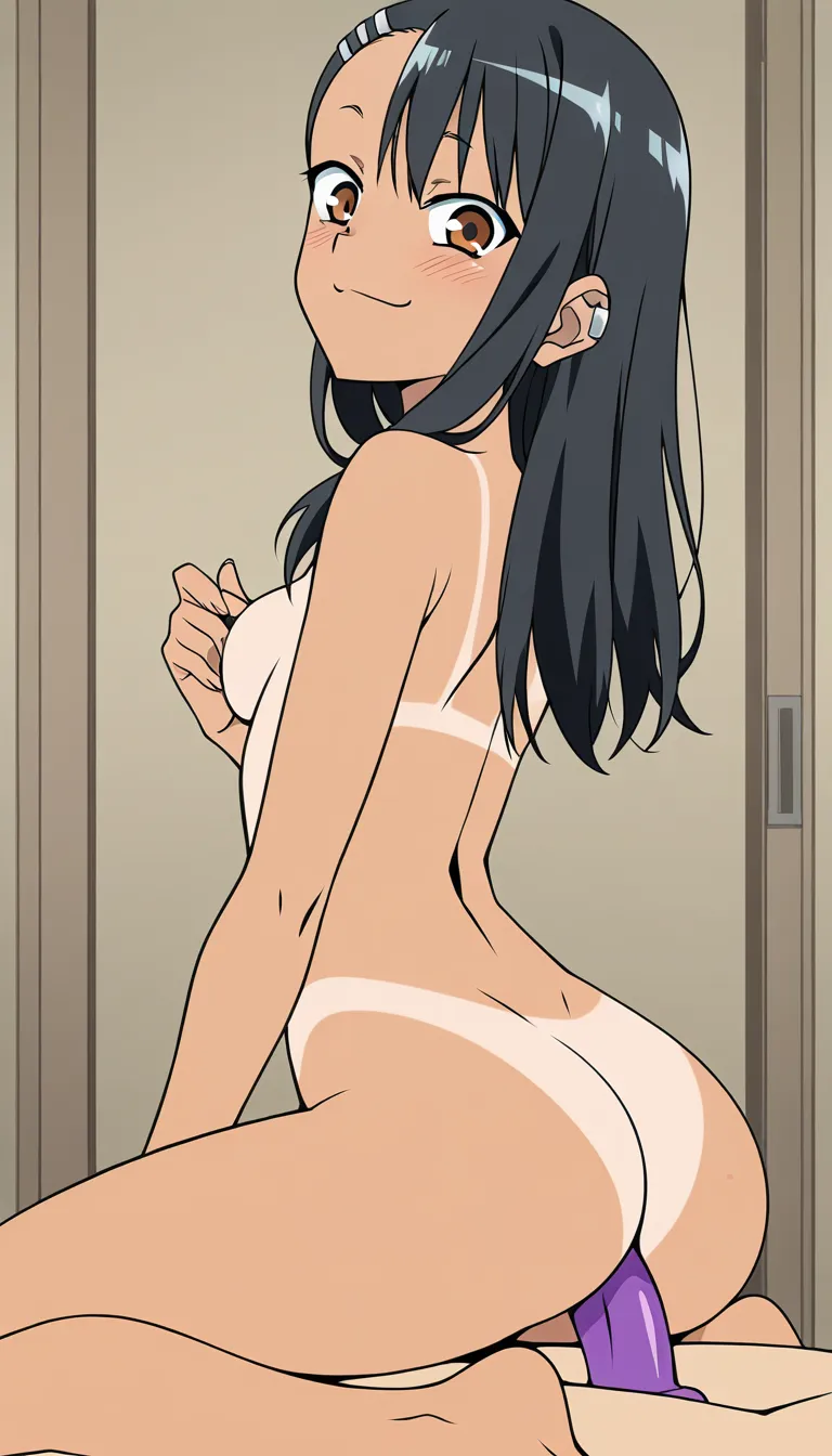 best quality,  a girl lookalike nagatoro, nude and tanlines on ass and breast.,riding dildo ,