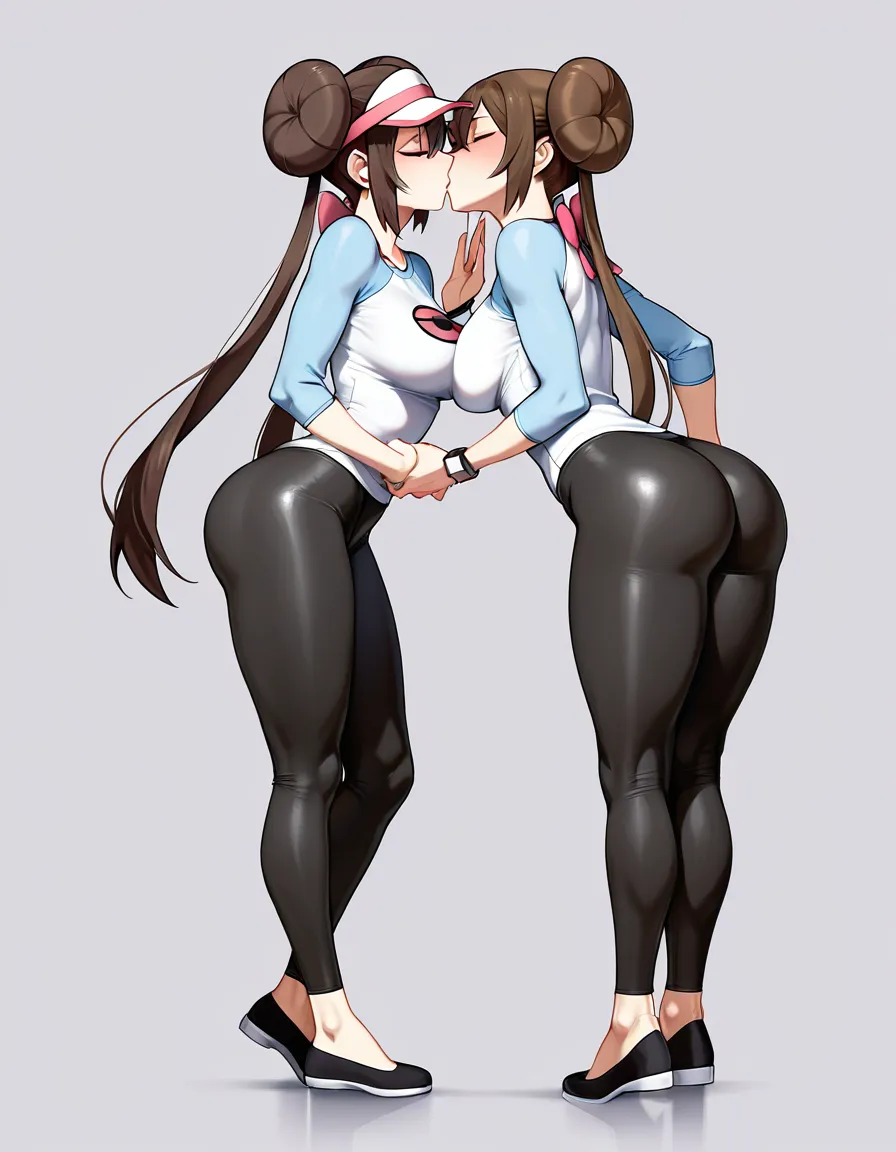 rosa_(pokemon) In a white light blue sleeved shirt with a pink pokeball logo on her chest, tight dark ankle high leggings, and black flats. While kissing another girl french_kiss. While that girl grabs Rosa's massive ass through her leggings grabbing_another's_ass,, hentai_studio_quality